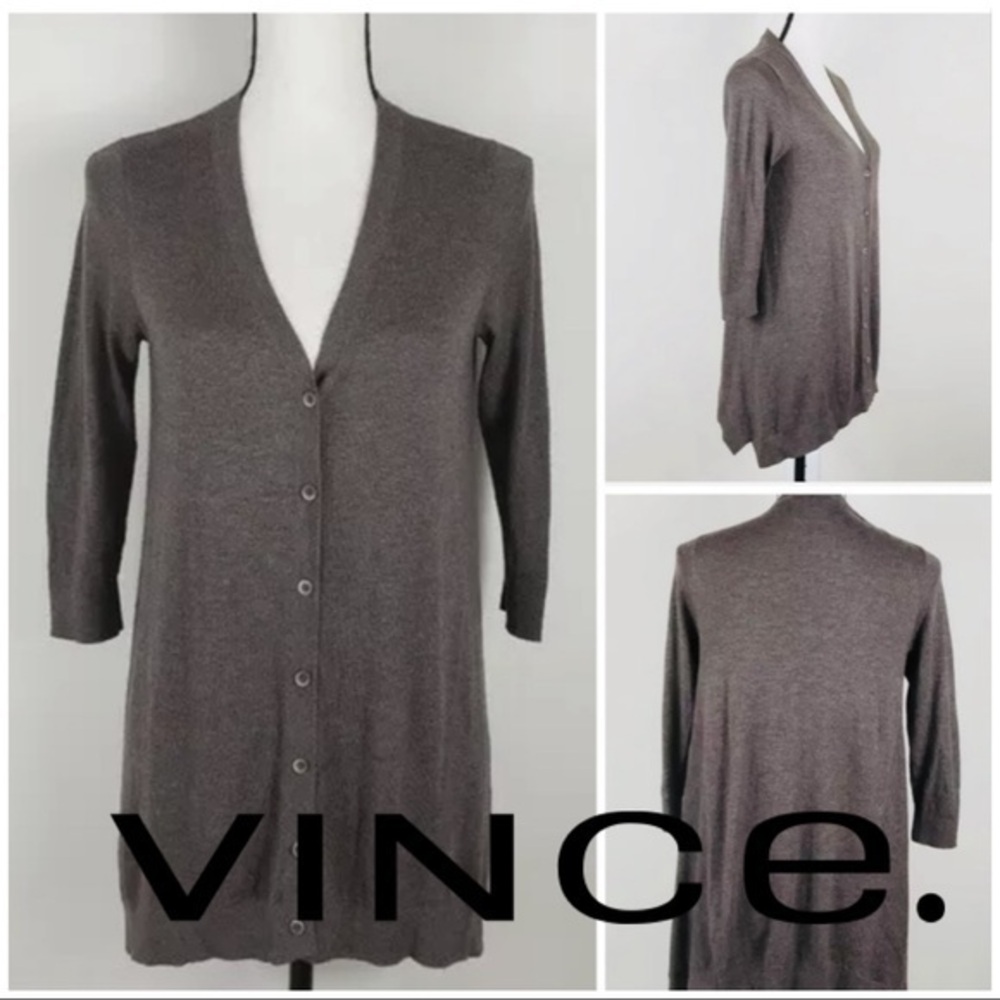 Vince Super Soft Lightweight Brown Tunic Length Button Down Cardigan Sweater